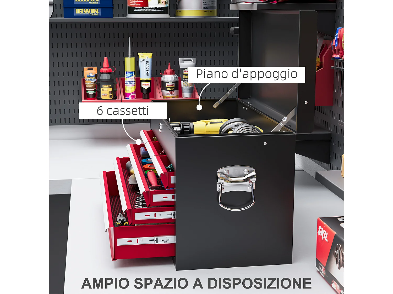 Cassetta porta attrezzi a 6 cassetti con serratura acciaio nero rosso