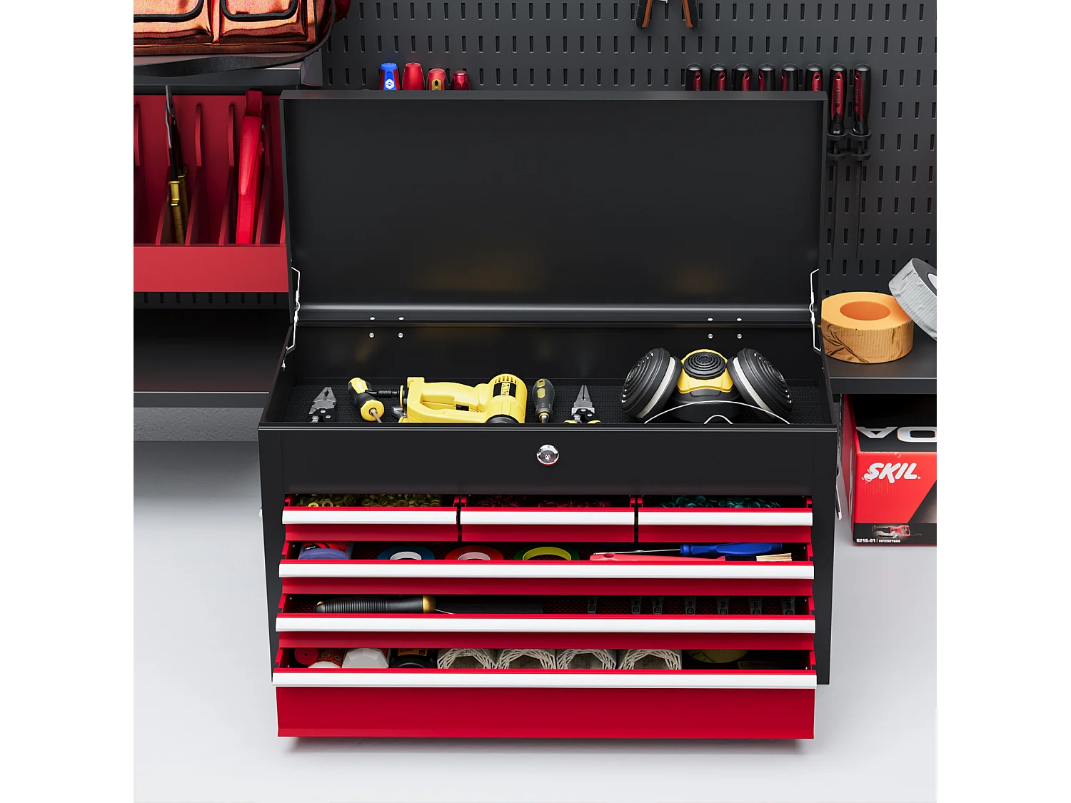 Cassetta porta attrezzi a 6 cassetti con serratura acciaio nero rosso