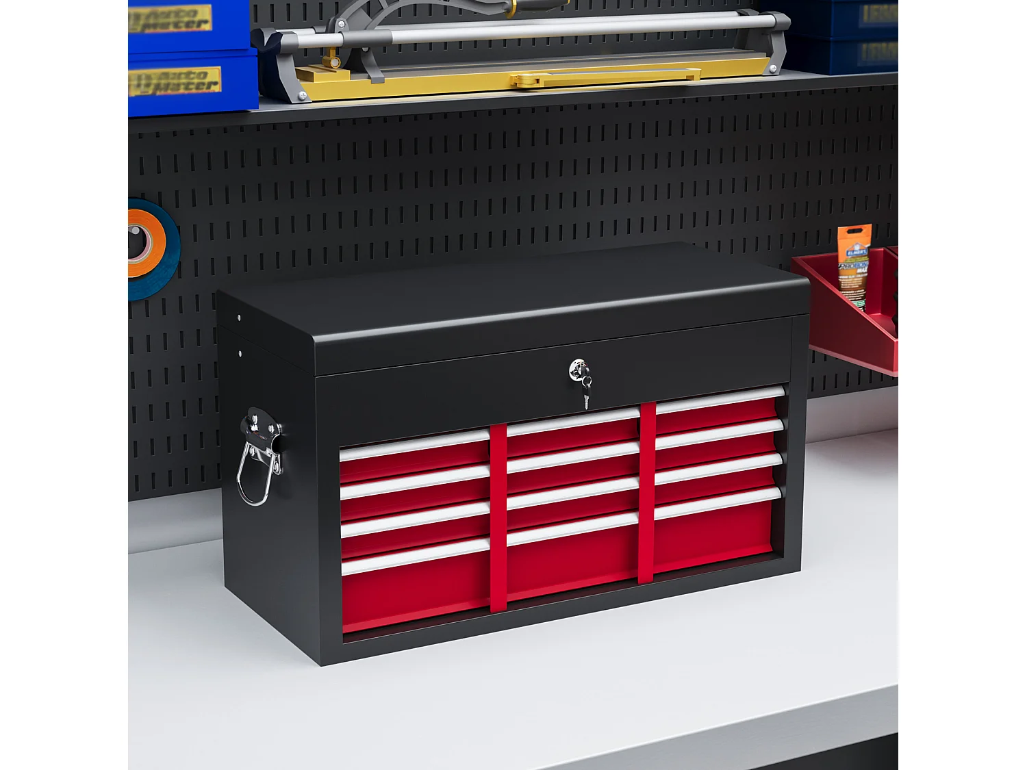 Cassetta porta attrezzi a 6 cassetti con serratura acciaio nero rosso