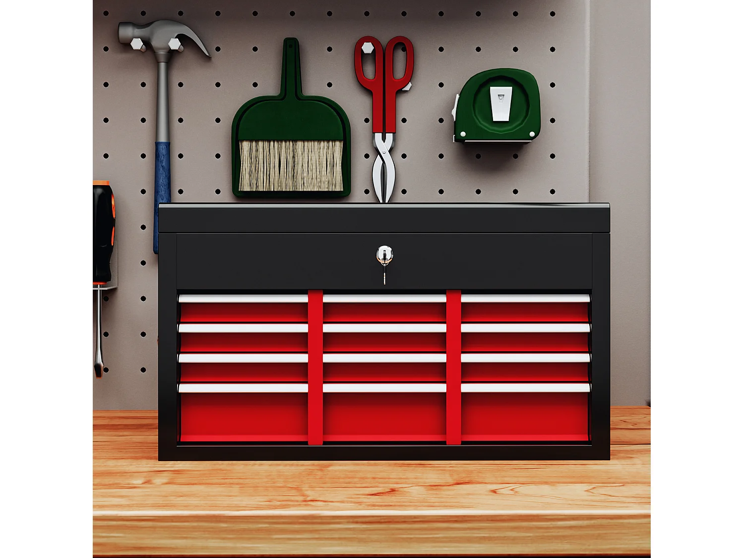 Cassetta porta attrezzi a 6 cassetti con serratura acciaio nero rosso