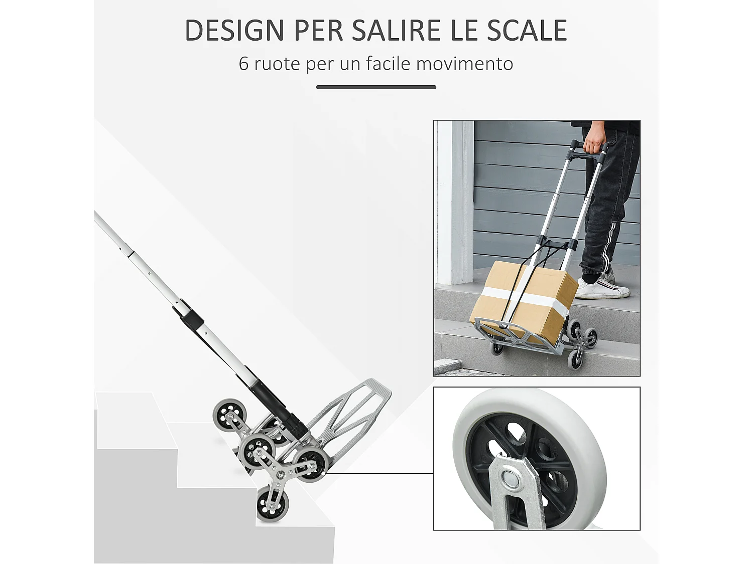Carrello portapacchi pieghevole a 6 ruote argento e nero