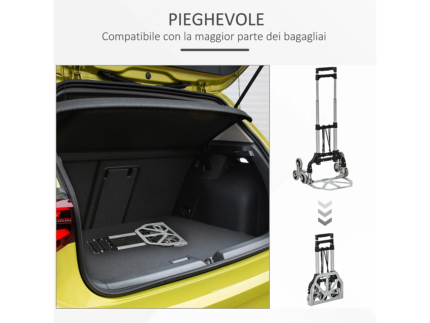 Carrello portapacchi pieghevole a 6 ruote argento e nero