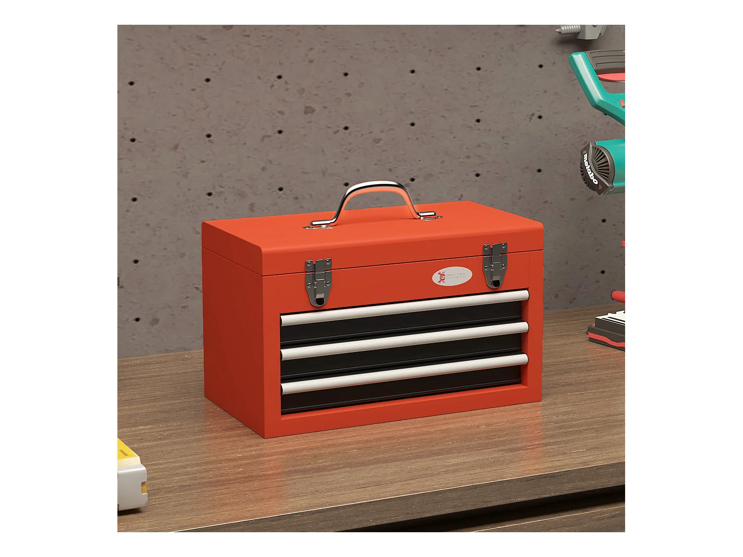 Cassetta porta attrezzi a 3 cassetti con maniglia in acciaio rosso
