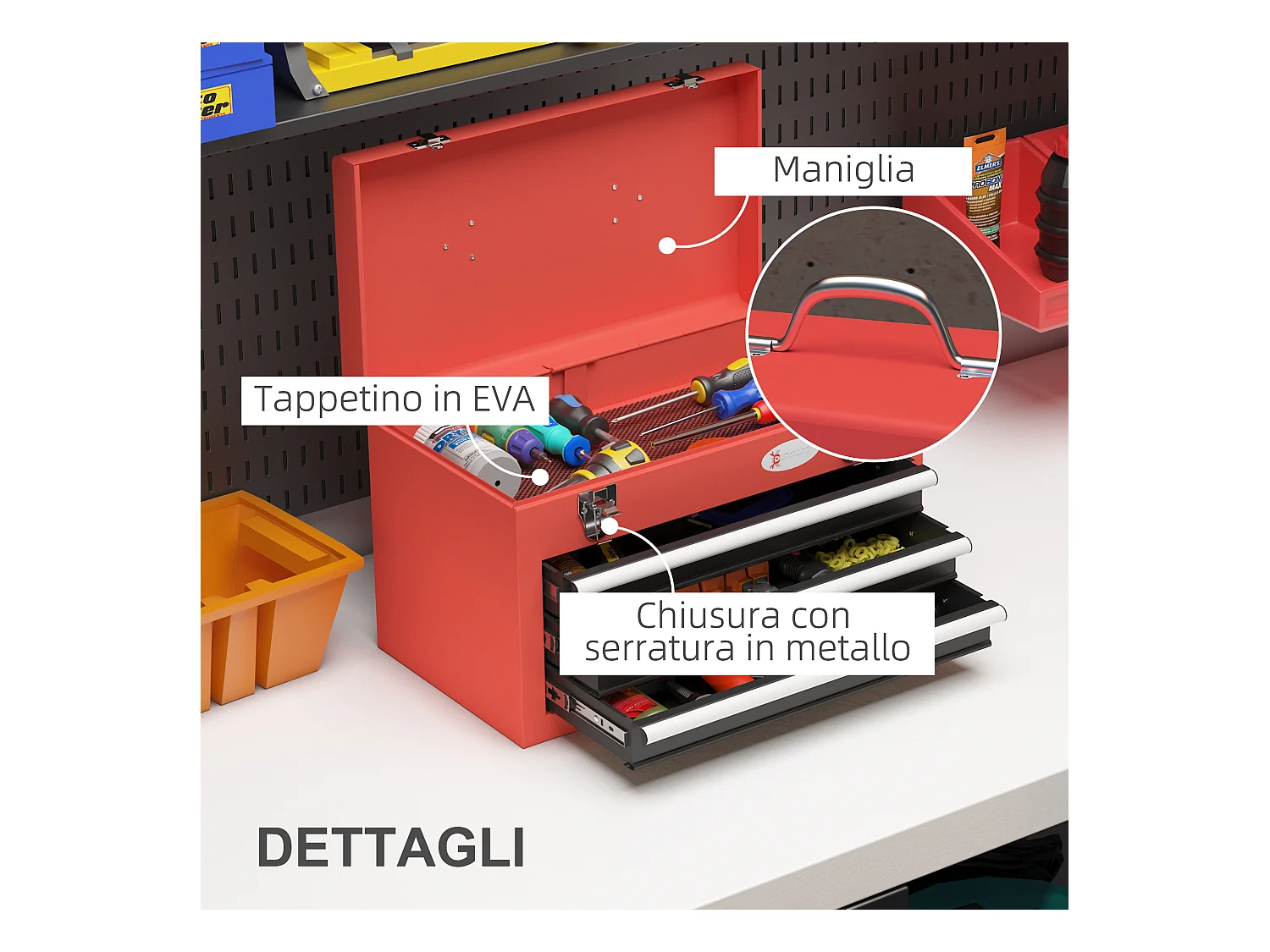 Cassetta porta attrezzi a 3 cassetti con maniglia in acciaio rosso