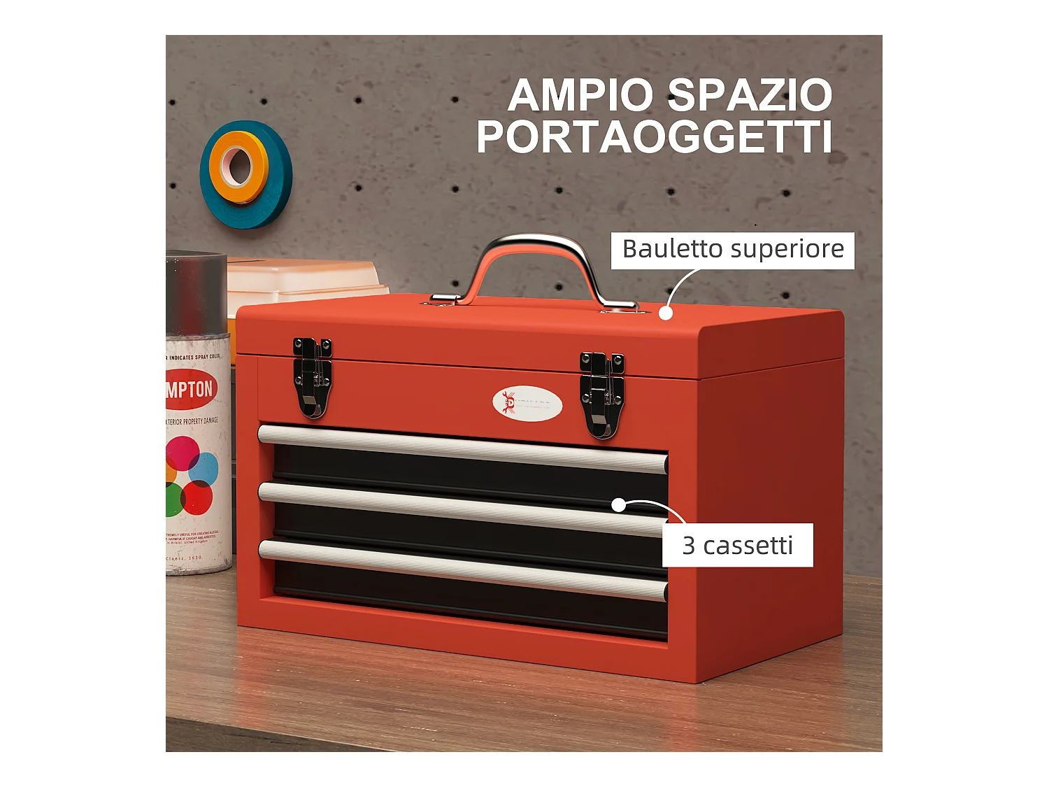 Cassetta porta attrezzi a 3 cassetti con maniglia in acciaio rosso