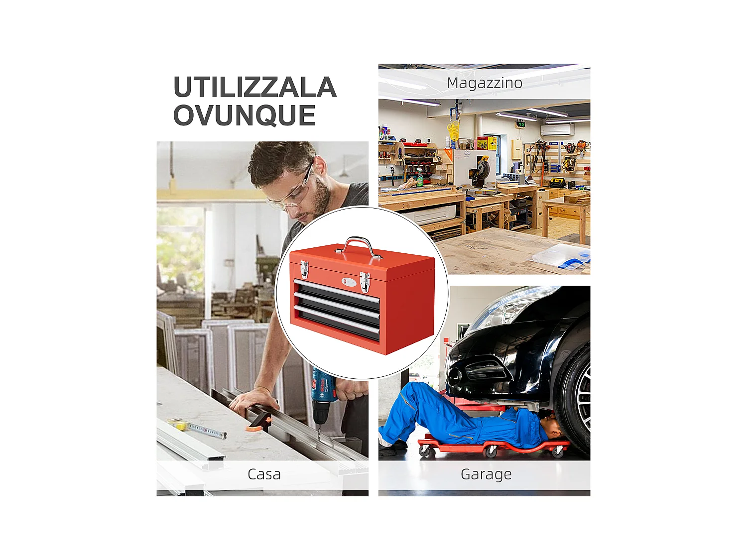 Cassetta porta attrezzi a 3 cassetti con maniglia in acciaio rosso