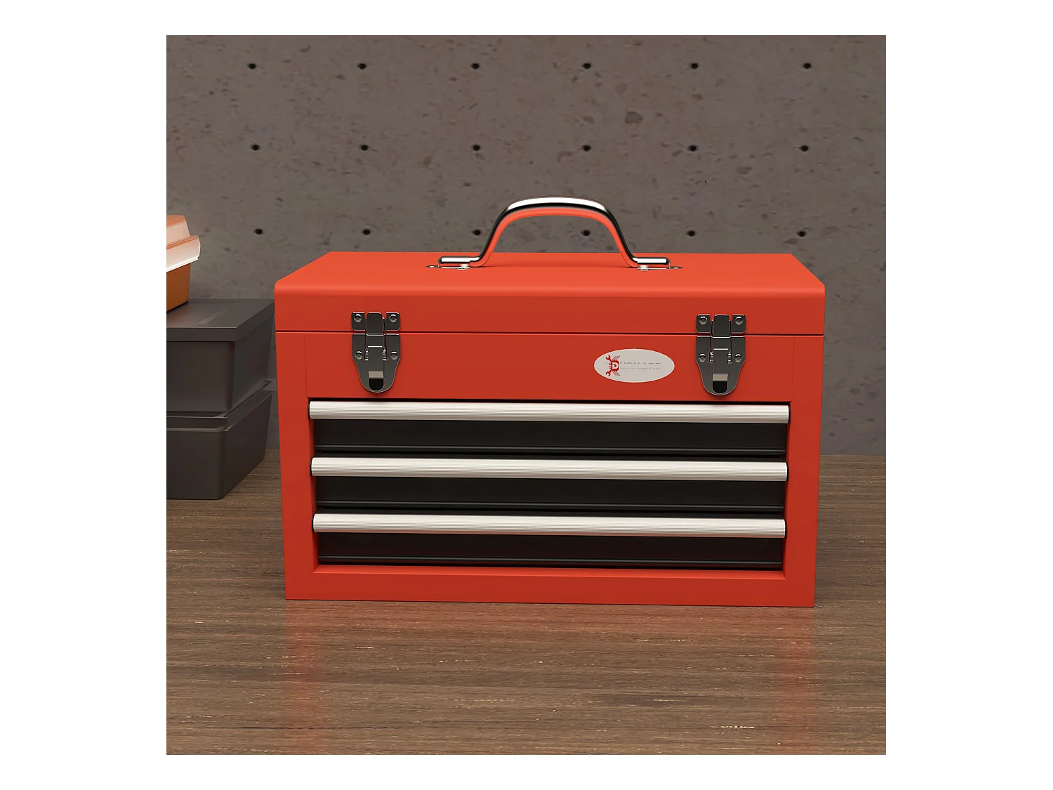 Cassetta porta attrezzi a 3 cassetti con maniglia in acciaio rosso