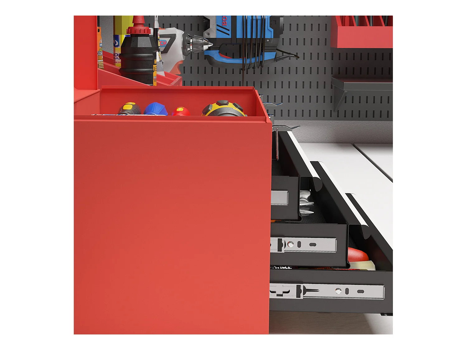 Cassetta porta attrezzi a 3 cassetti con maniglia in acciaio rosso