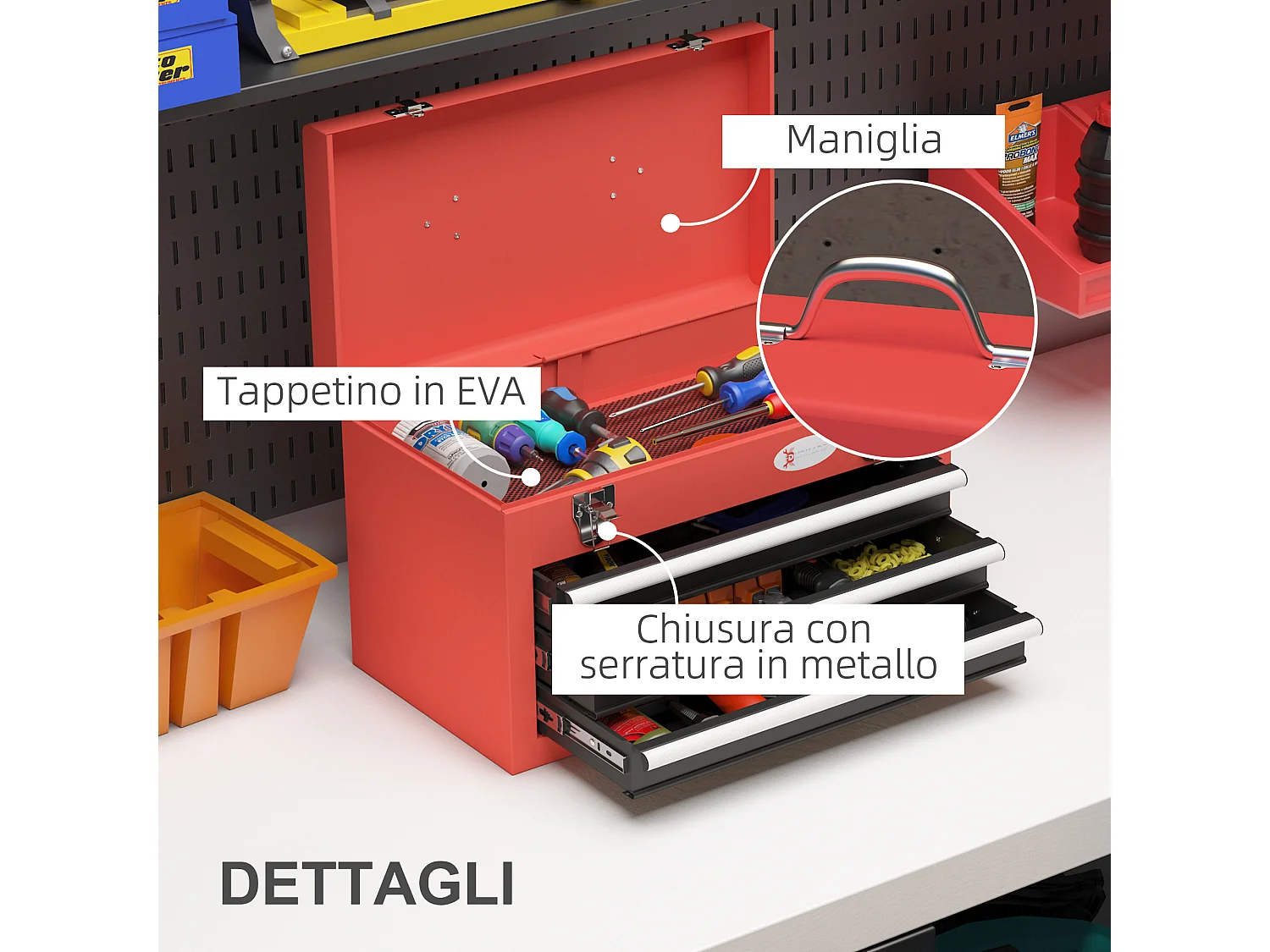 Cassetta porta attrezzi a 3 cassetti con maniglia in acciaio rosso