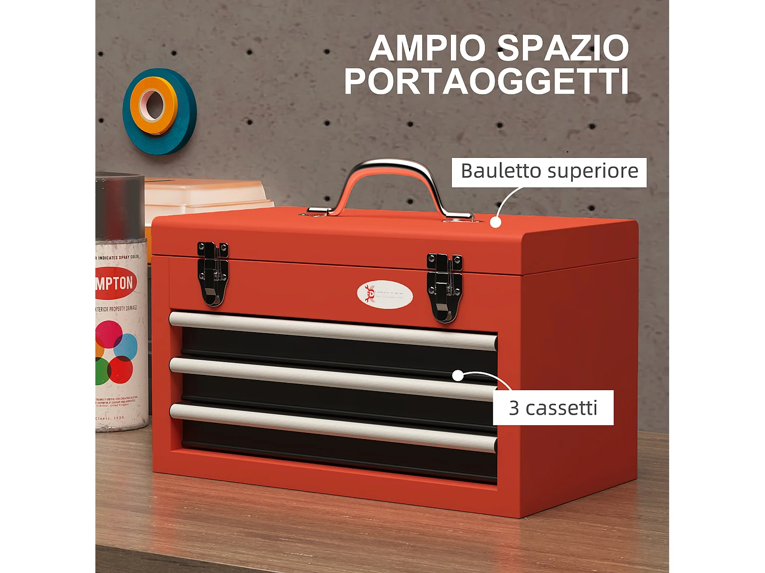 Cassetta porta attrezzi a 3 cassetti con maniglia in acciaio rosso