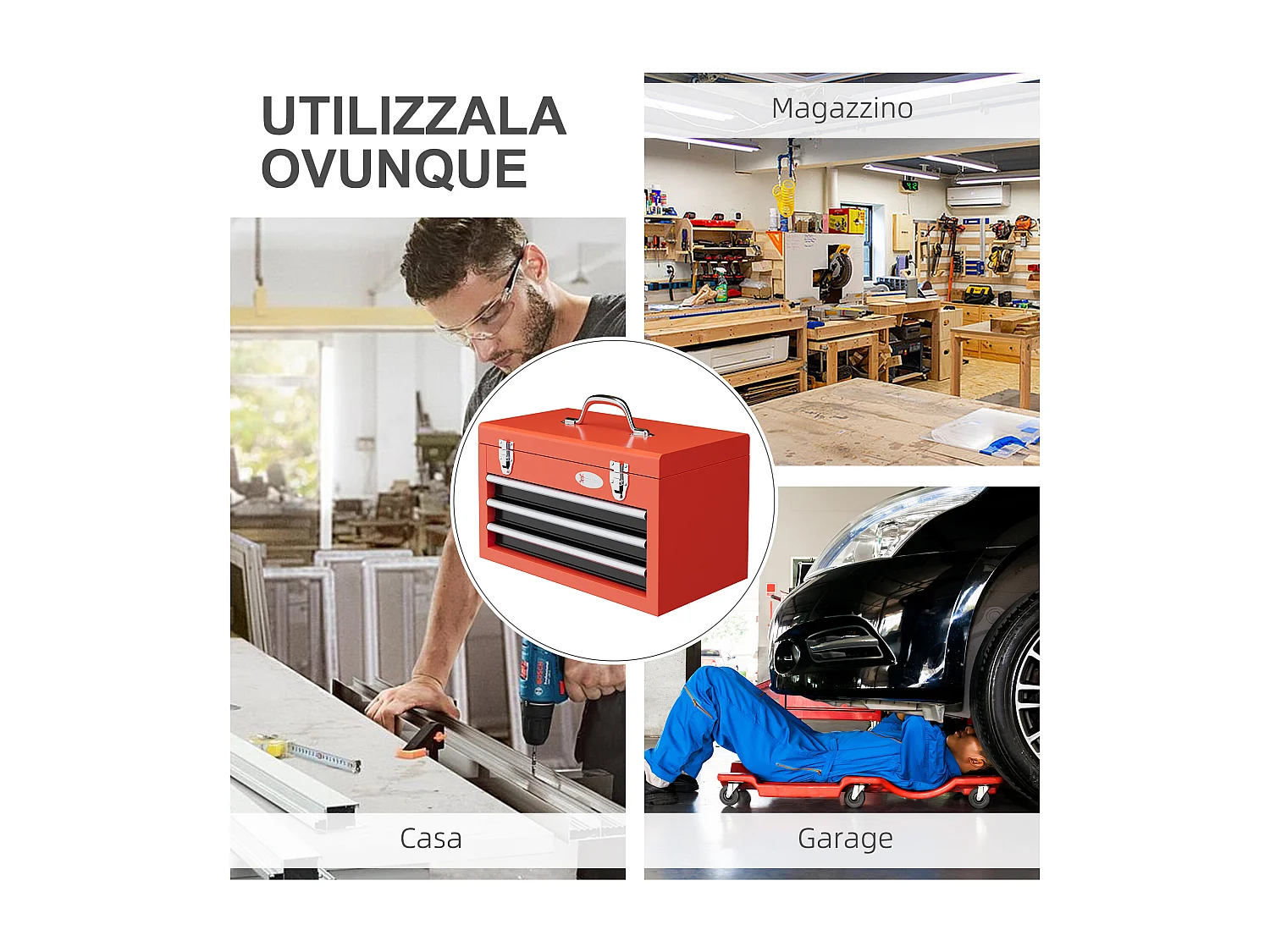 Cassetta porta attrezzi a 3 cassetti con maniglia in acciaio rosso