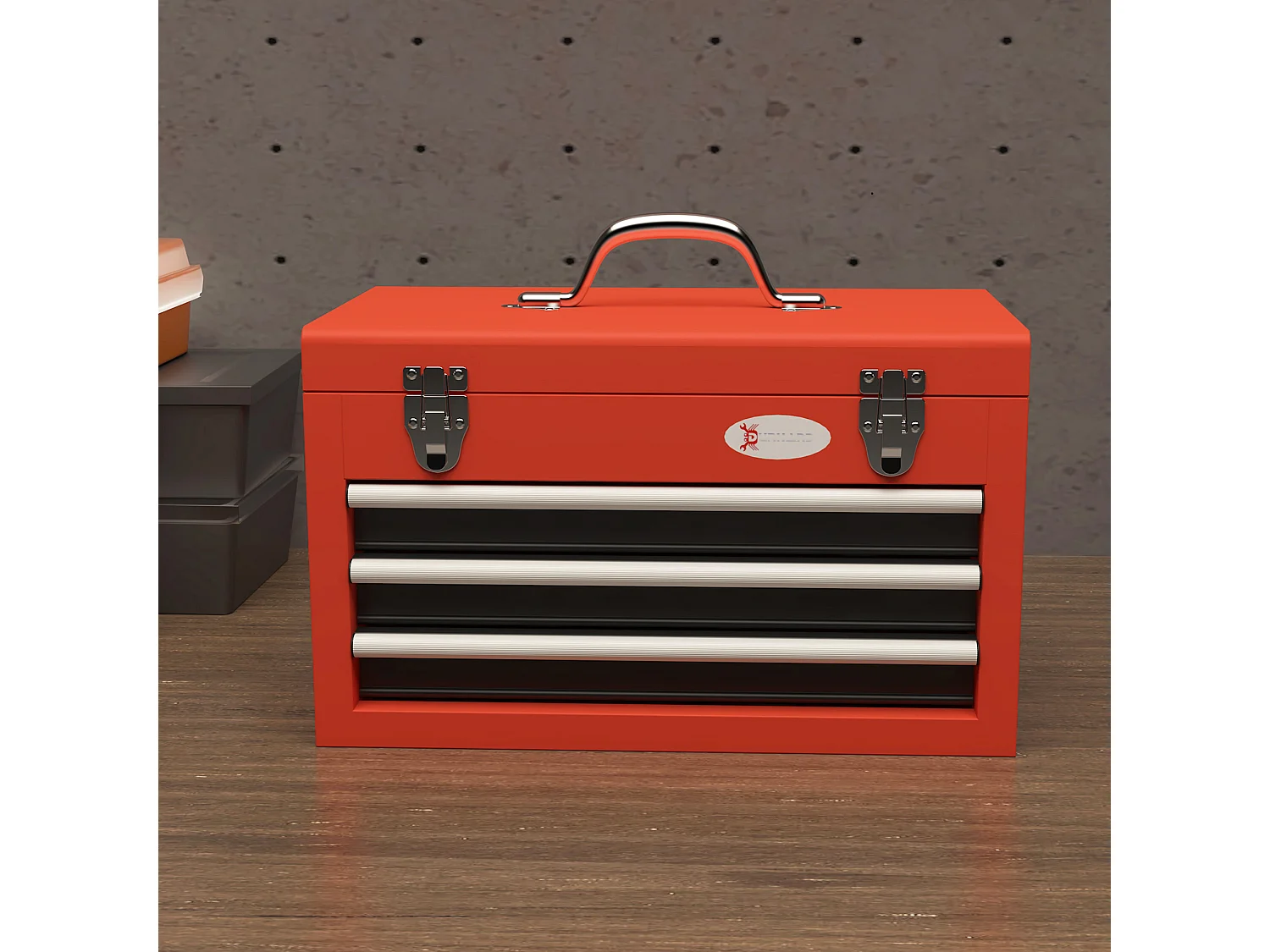 Cassetta porta attrezzi a 3 cassetti con maniglia in acciaio rosso