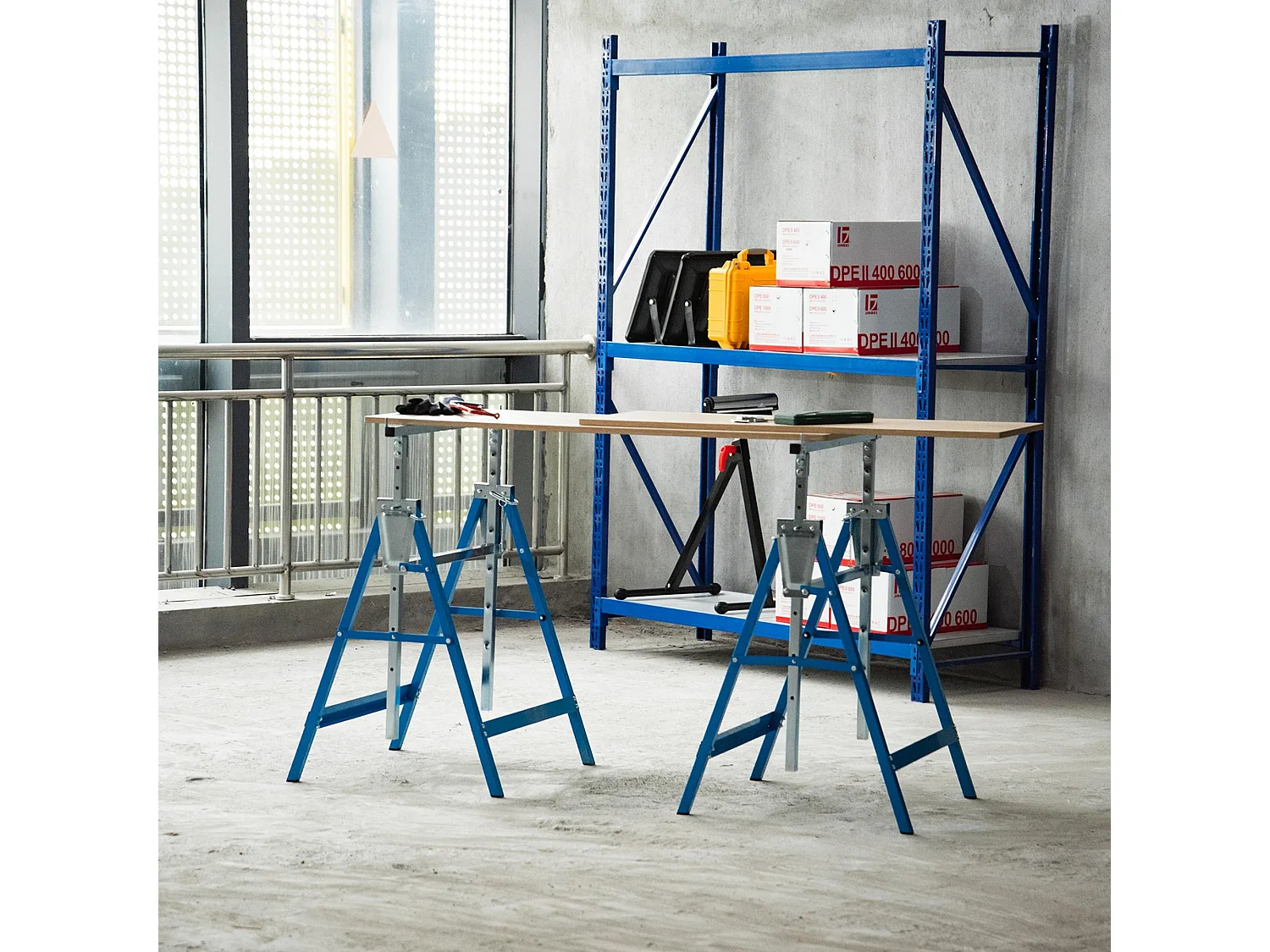 Set 2 Cavalletti da Lavoro Pieghevoli Altezza Regolabile in Acciaio