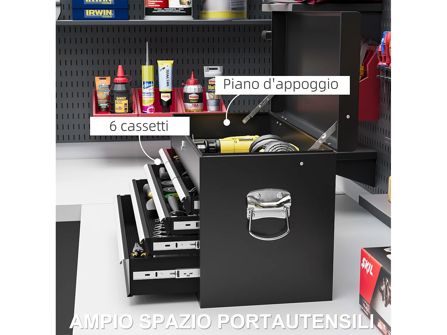 Cassetta porta attrezzi a 6 cassetti con serratura in acciaio nero