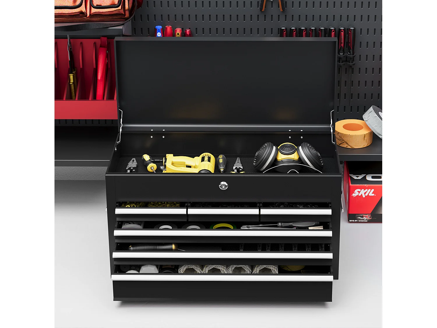 Cassetta porta attrezzi a 6 cassetti con serratura in acciaio nero