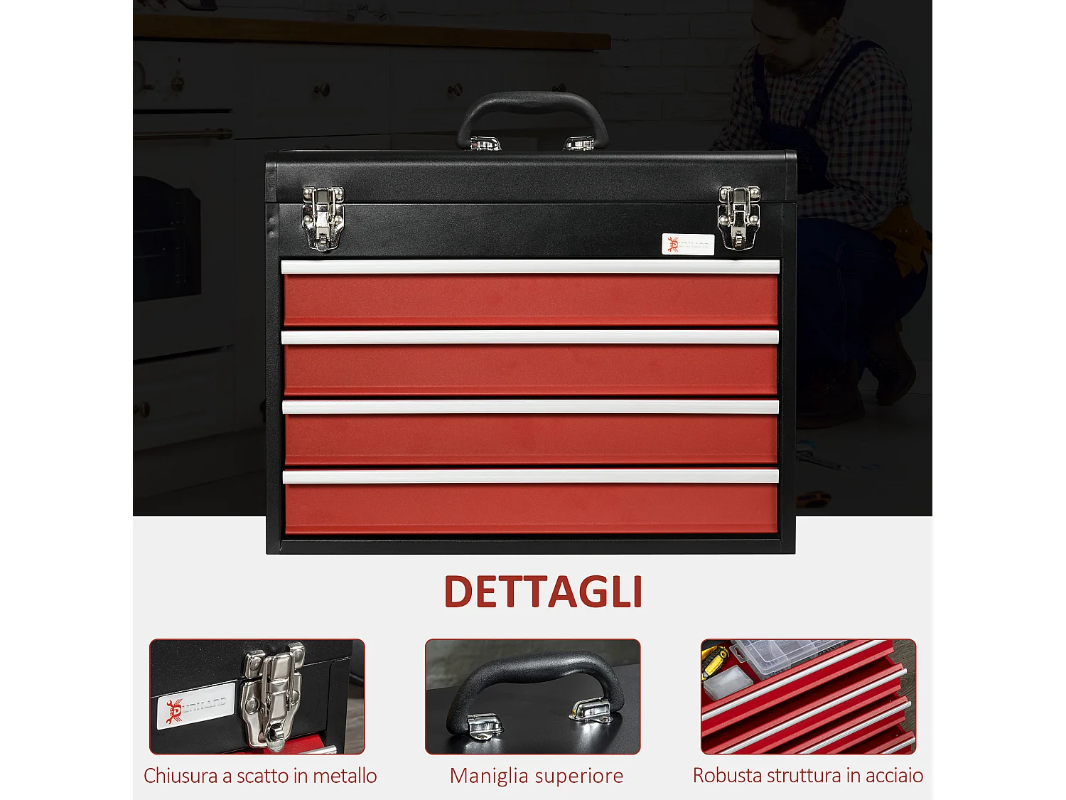 Cassetta porta attrezzi con 4 cassetti e vassoio superiore