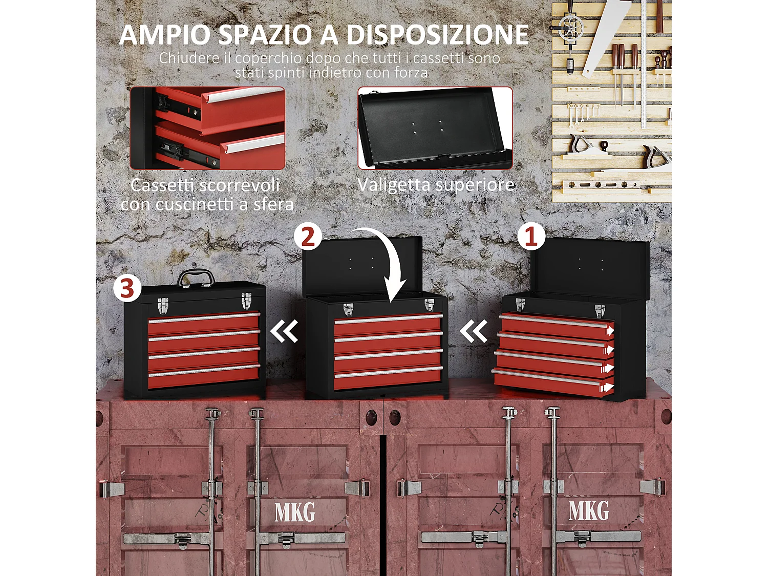 Cassetta porta attrezzi con 4 cassetti e vassoio superiore