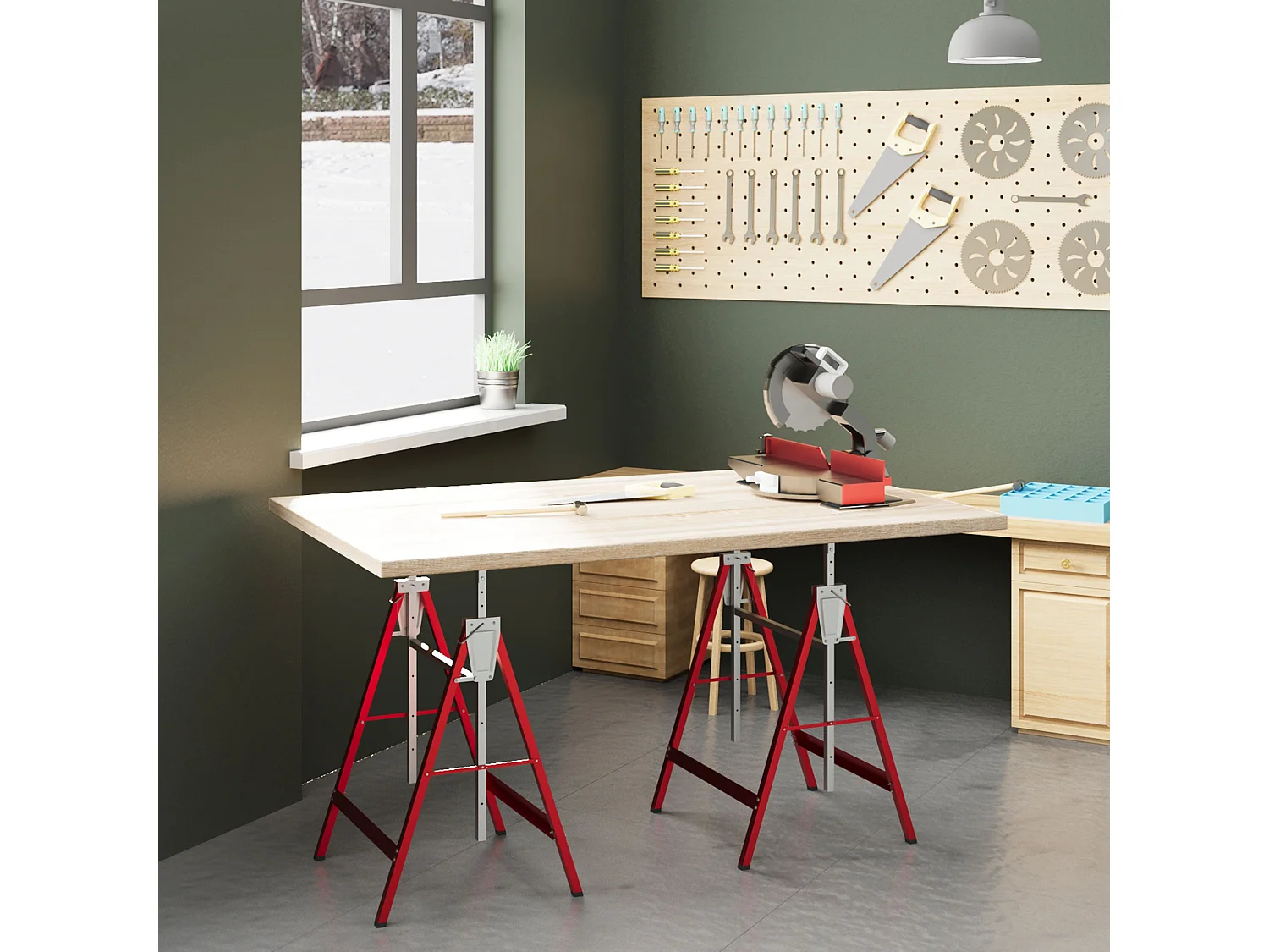 Set 2 cavalletti da lavoro telescopici pieghevoli rosso argento