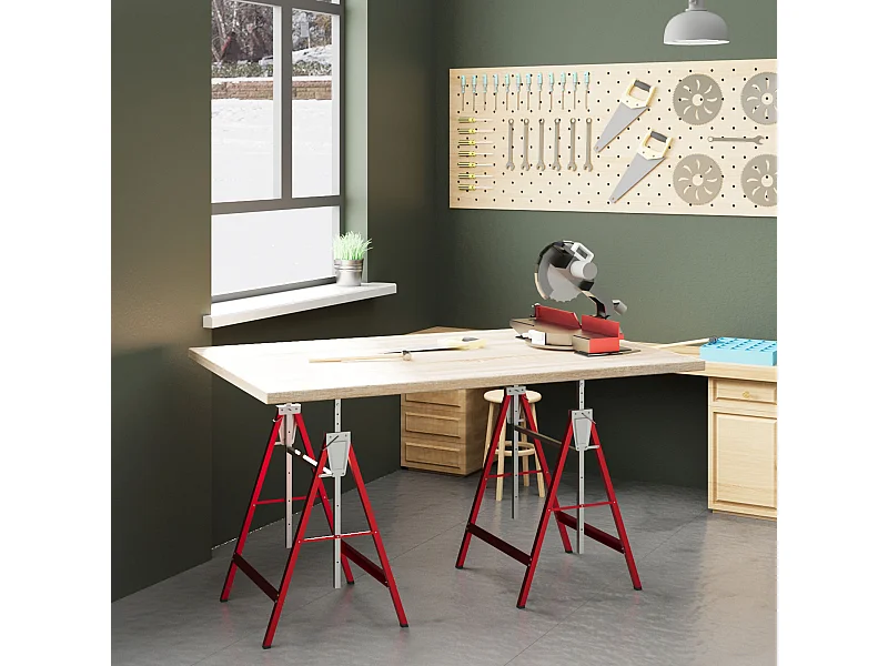 Set 2 cavalletti da lavoro telescopici pieghevoli rosso argento