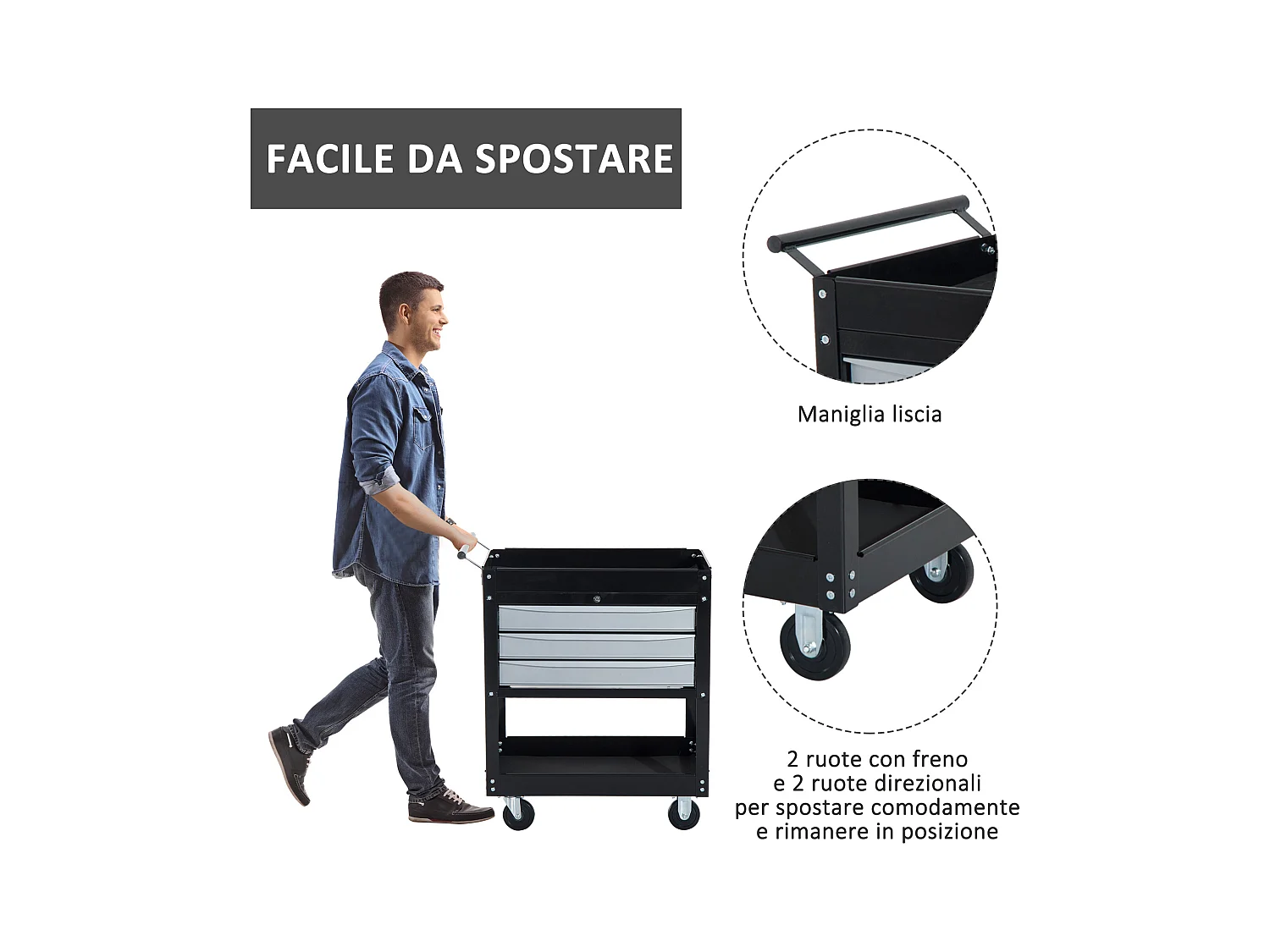 Carrello porta attrezzi professionale 3 cassetti con serratura e ruote