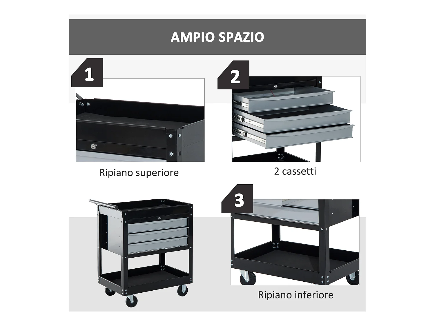 Carrello porta attrezzi professionale 3 cassetti con serratura e ruote