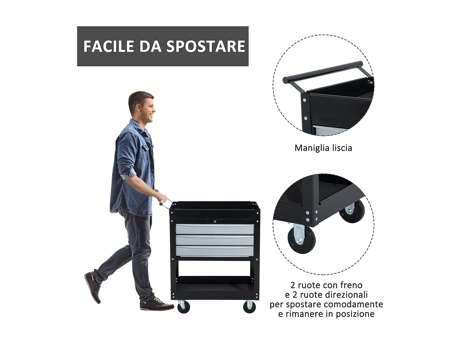Carrello porta attrezzi professionale 3 cassetti con serratura e ruote