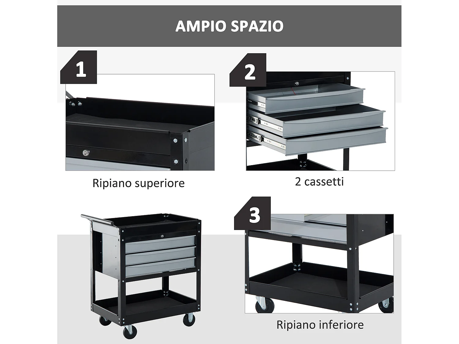 Carrello porta attrezzi professionale 3 cassetti con serratura e ruote
