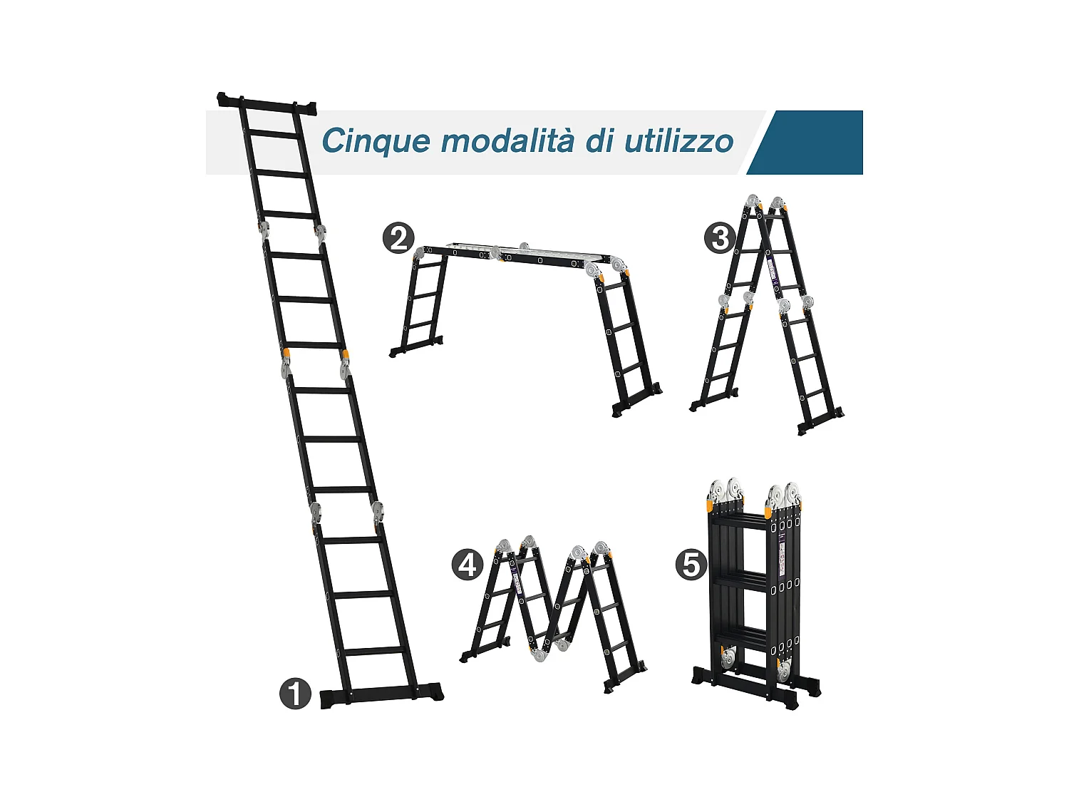 Durhand scala in alluminio nera 5 in 1 con carico massimo 150 kg