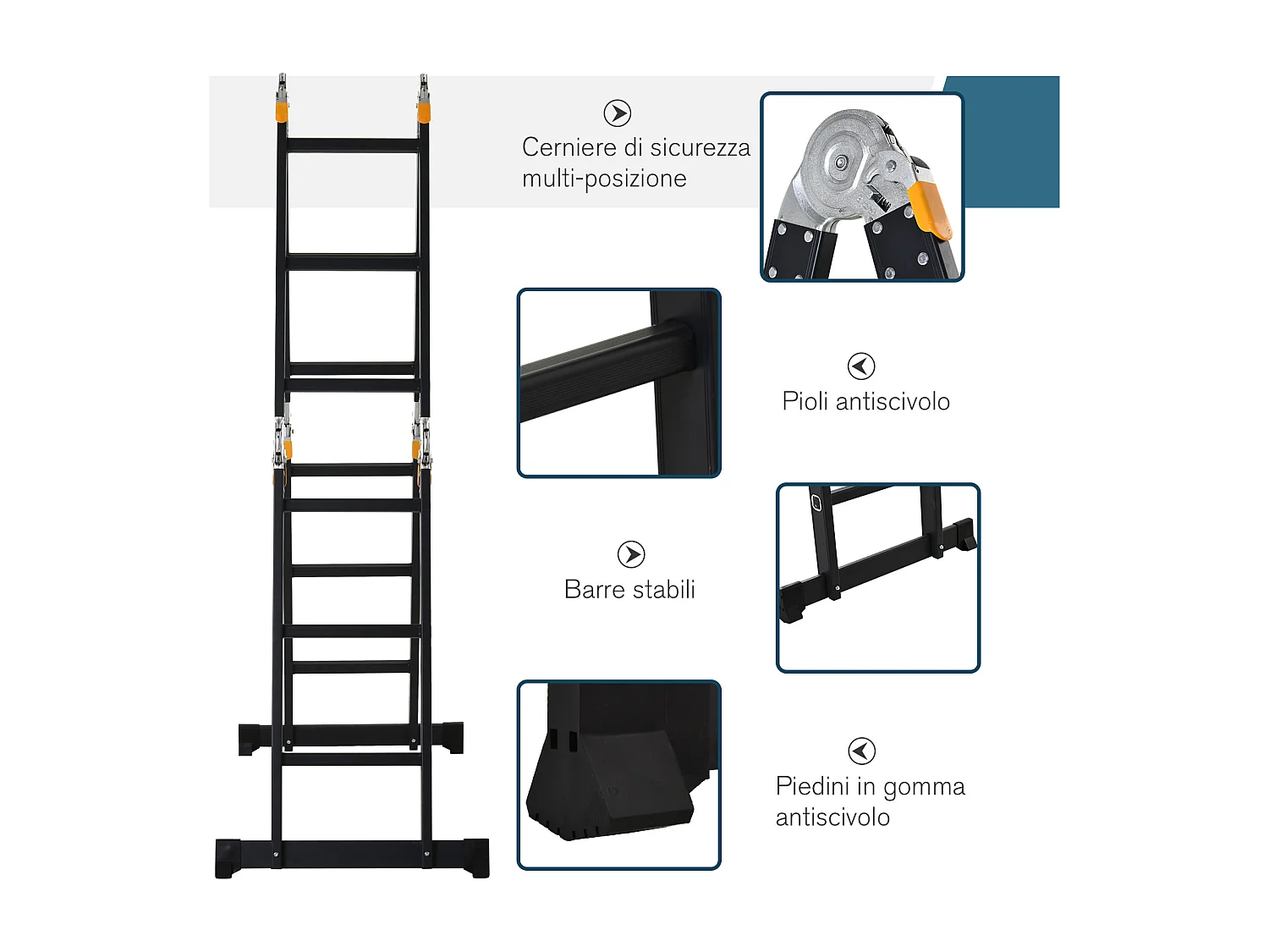 Durhand scala in alluminio nera 5 in 1 con carico massimo 150 kg