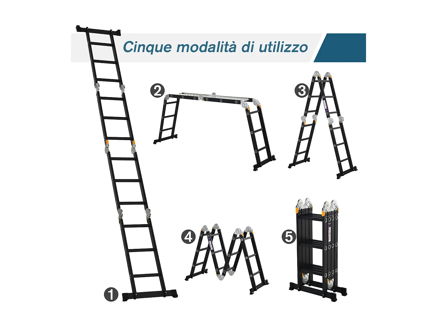 Durhand scala in alluminio nera 5 in 1 con carico massimo 150 kg