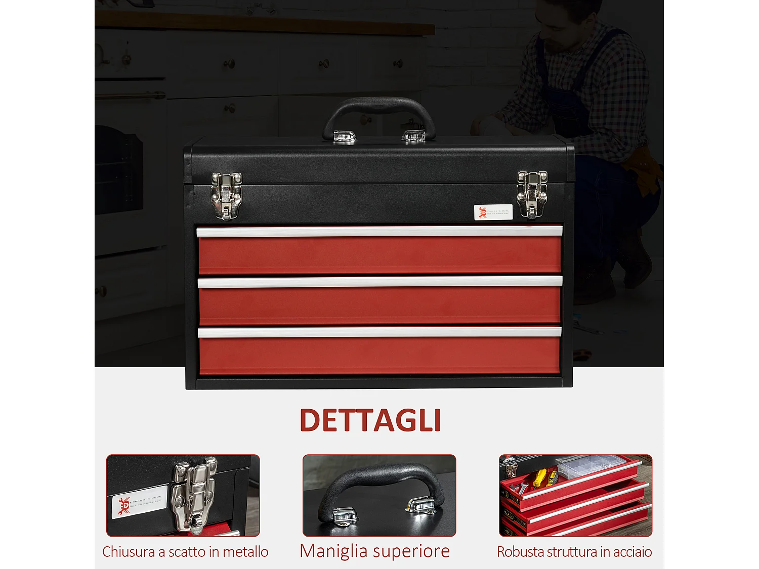 Cassetta porta attrezzi con 3 cassetti e vassoio superiore