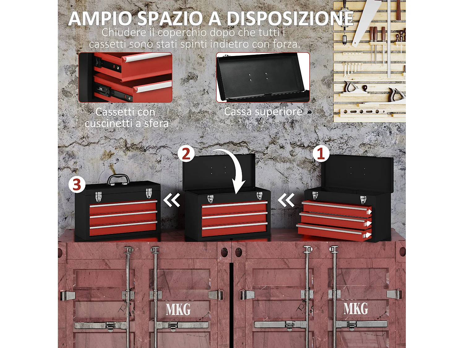 Cassetta porta attrezzi con 3 cassetti e vassoio superiore