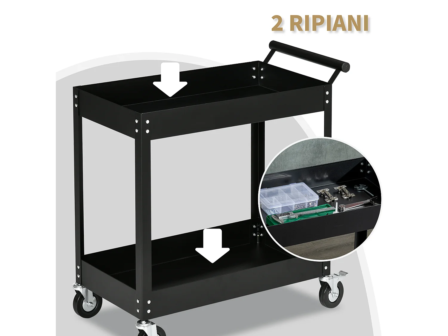 Carrello porta attrezzi da officina a 2 ripiani in acciaio
