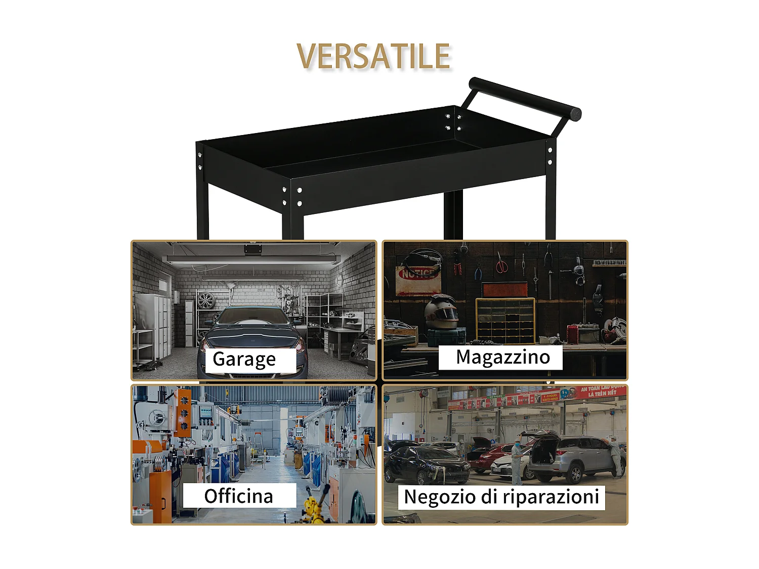 Carrello porta attrezzi da officina a 2 ripiani in acciaio