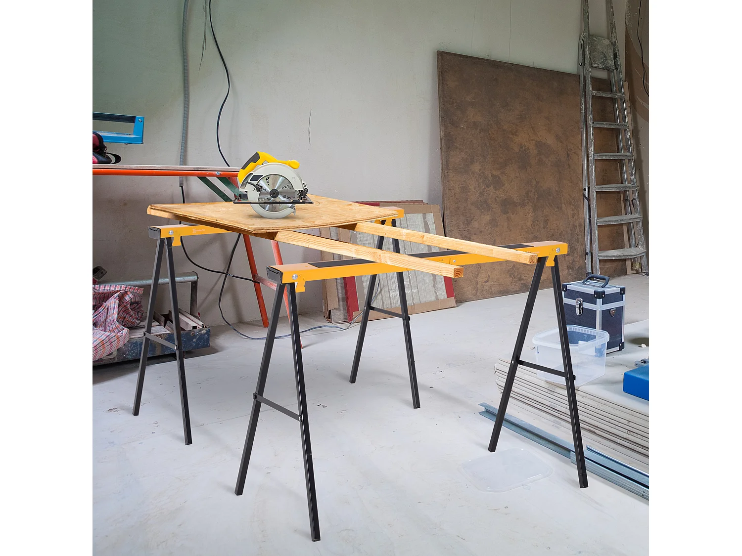 Set 2 Pezzi Cavalletti da Lavoro Pieghevoli e Portatili, Nero Giallo, Max. 250kg