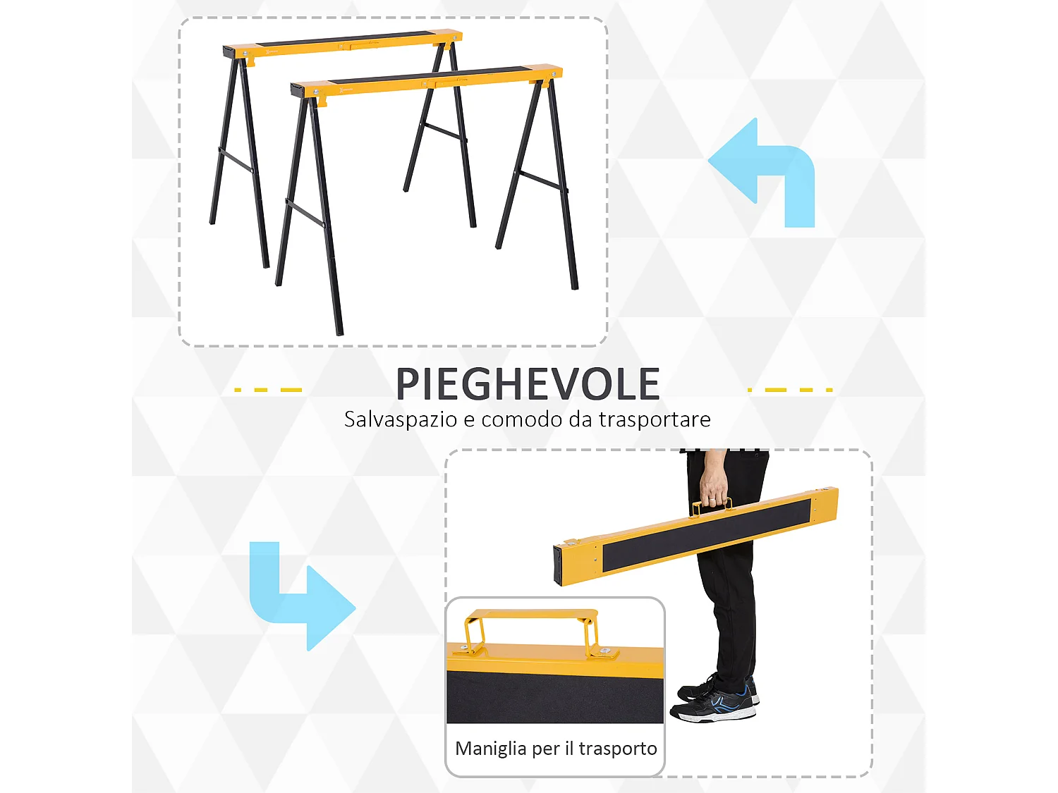Set 2 Pezzi Cavalletti da Lavoro Pieghevoli e Portatili, Nero Giallo, Max. 250kg
