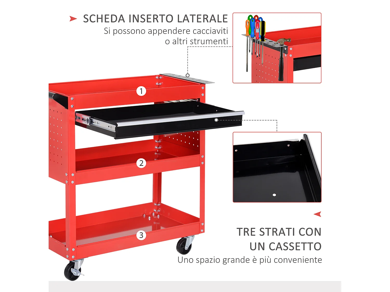 Carrello porta attrezzi con cassetto e 3 ripiani in lamiera rossa