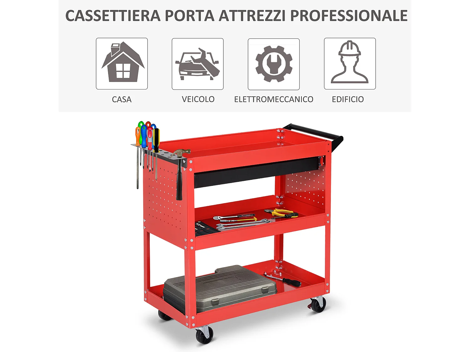 Carrello porta attrezzi con cassetto e 3 ripiani in lamiera rossa