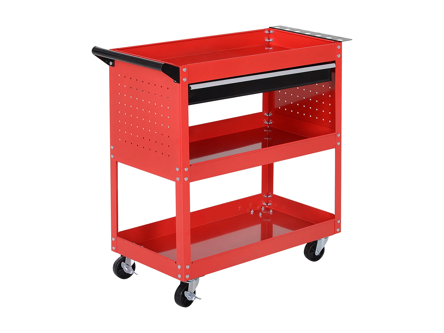 Carrello porta attrezzi con cassetto e 3 ripiani in lamiera rossa