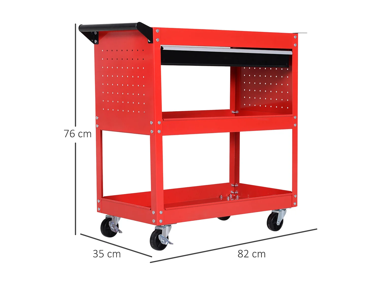 Carrello porta attrezzi con cassetto e 3 ripiani in lamiera rossa
