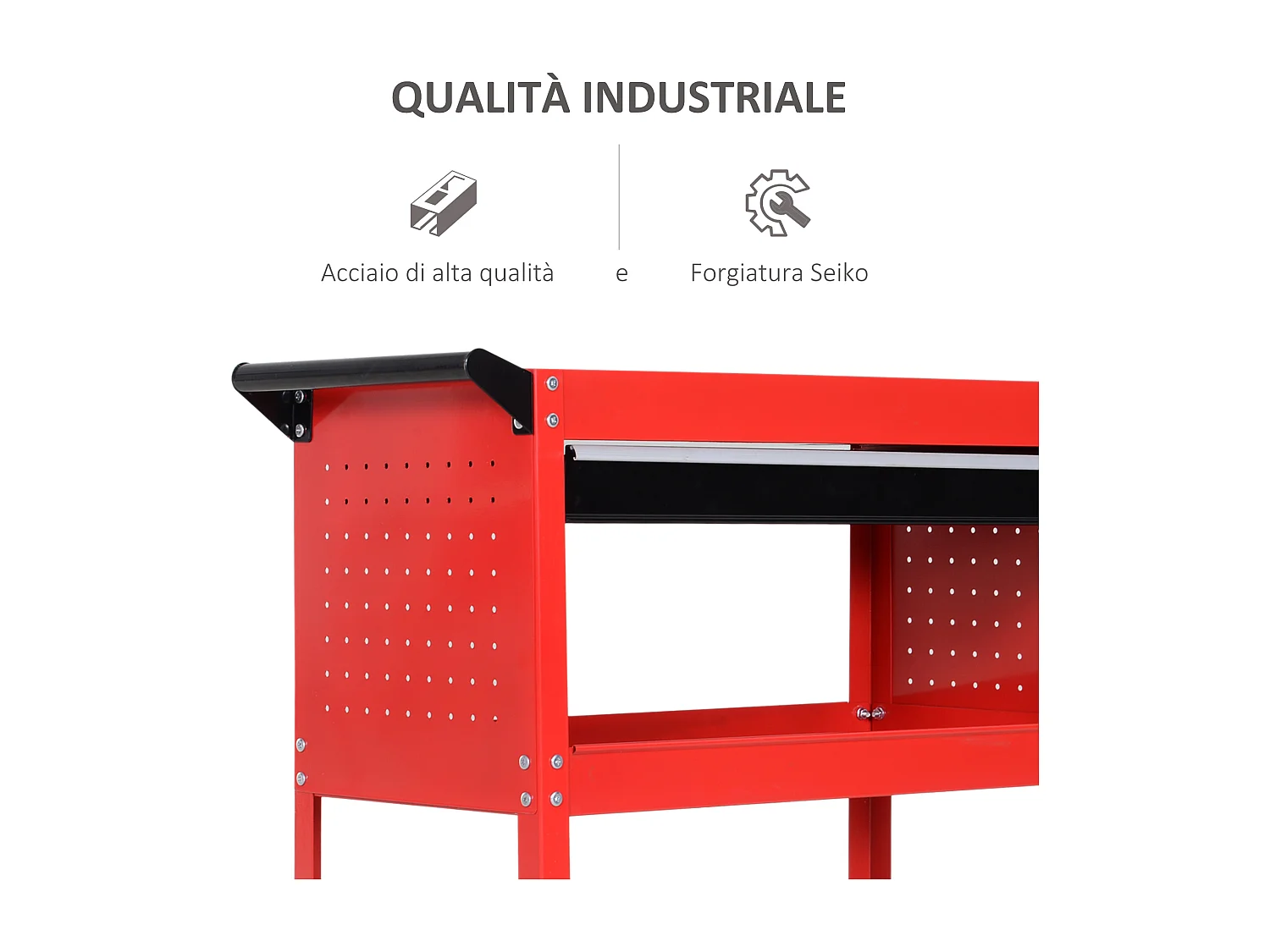 Carrello porta attrezzi con cassetto e 3 ripiani in lamiera rossa