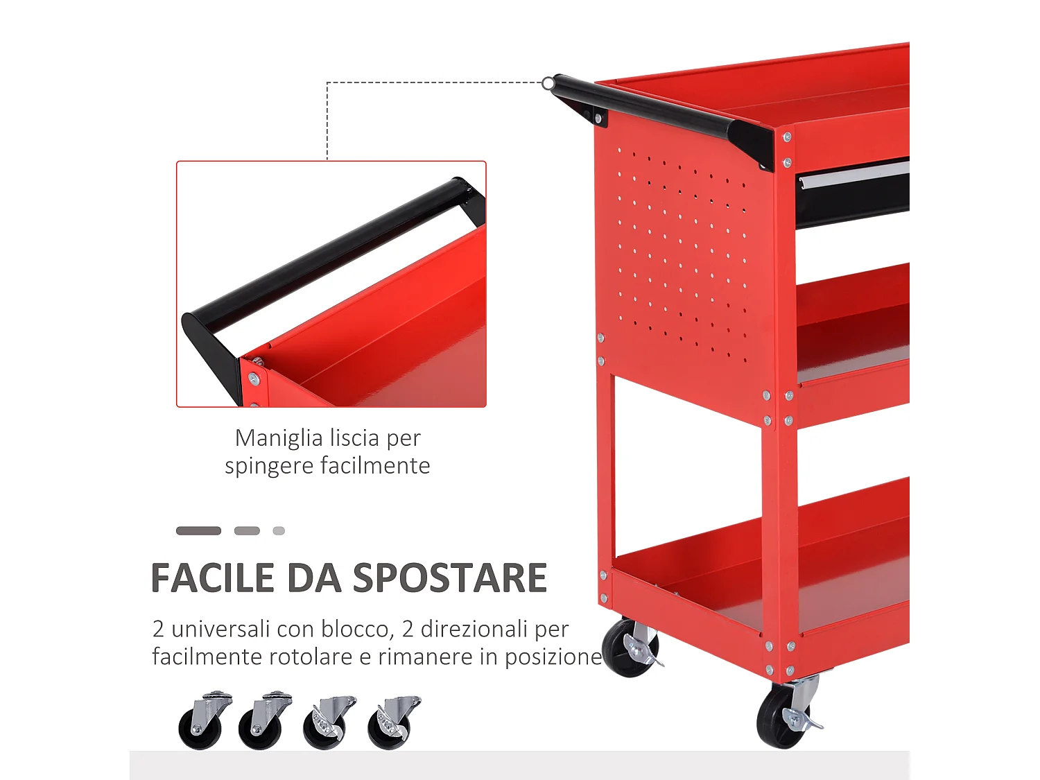 Carrello porta attrezzi con cassetto e 3 ripiani in lamiera rossa