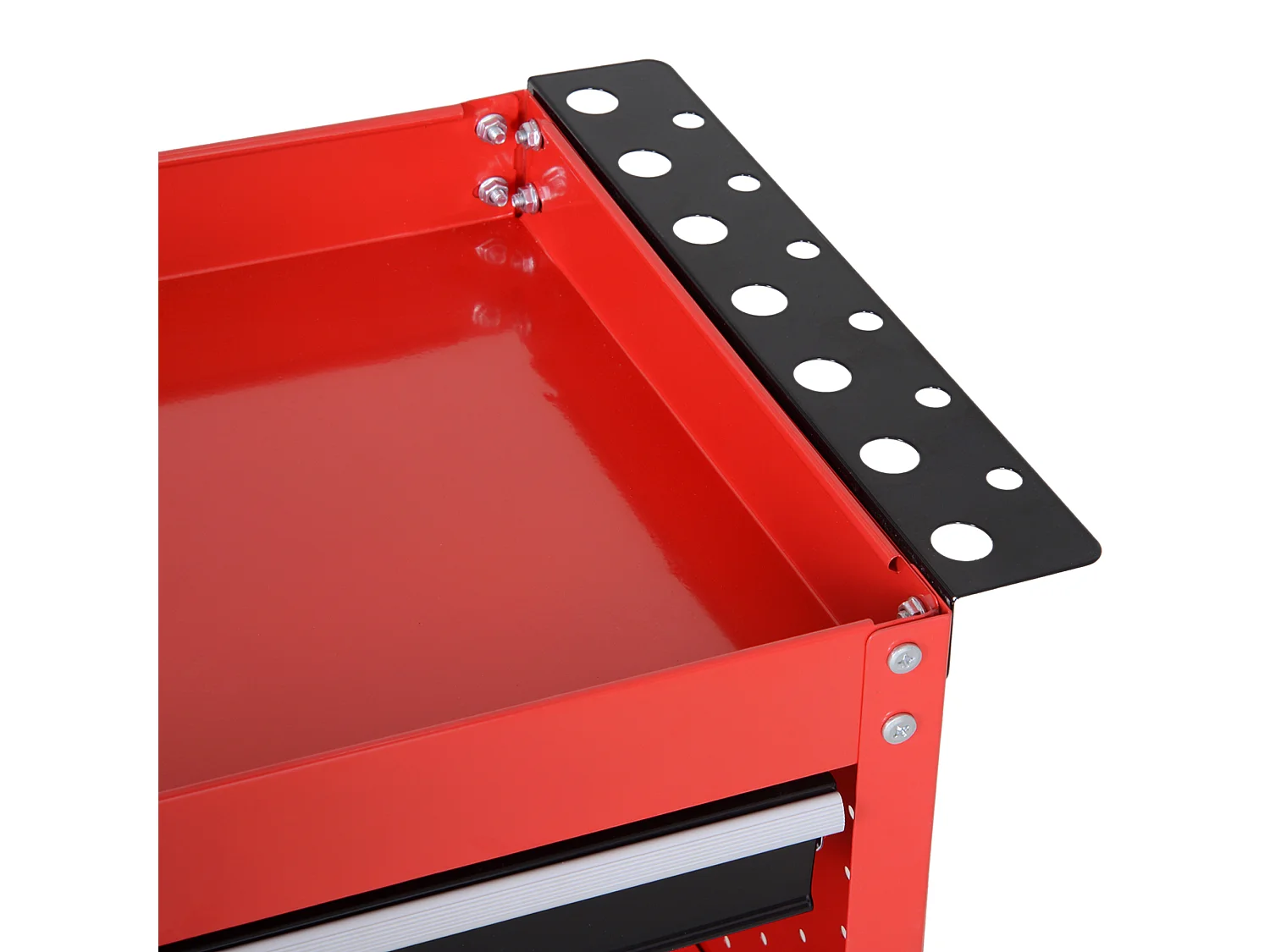 Carrello porta attrezzi con cassetto e 3 ripiani in lamiera rossa