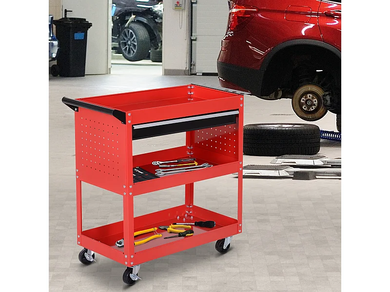 Carrello porta attrezzi con cassetto e 3 ripiani in lamiera rossa