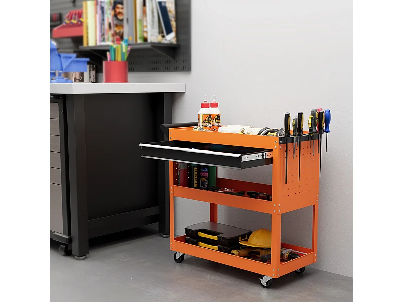 Carrello porta attrezzi con cassetto e 3 ripiani in acciaio arancione