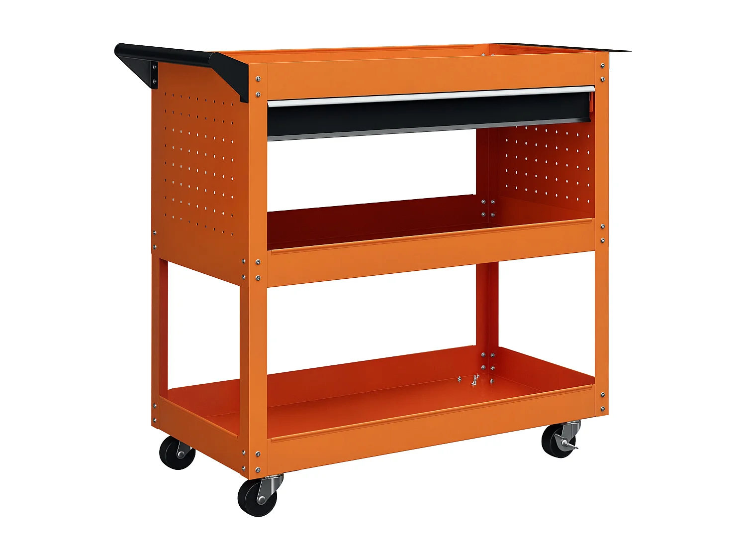 Carrello porta attrezzi con cassetto e 3 ripiani in acciaio arancione