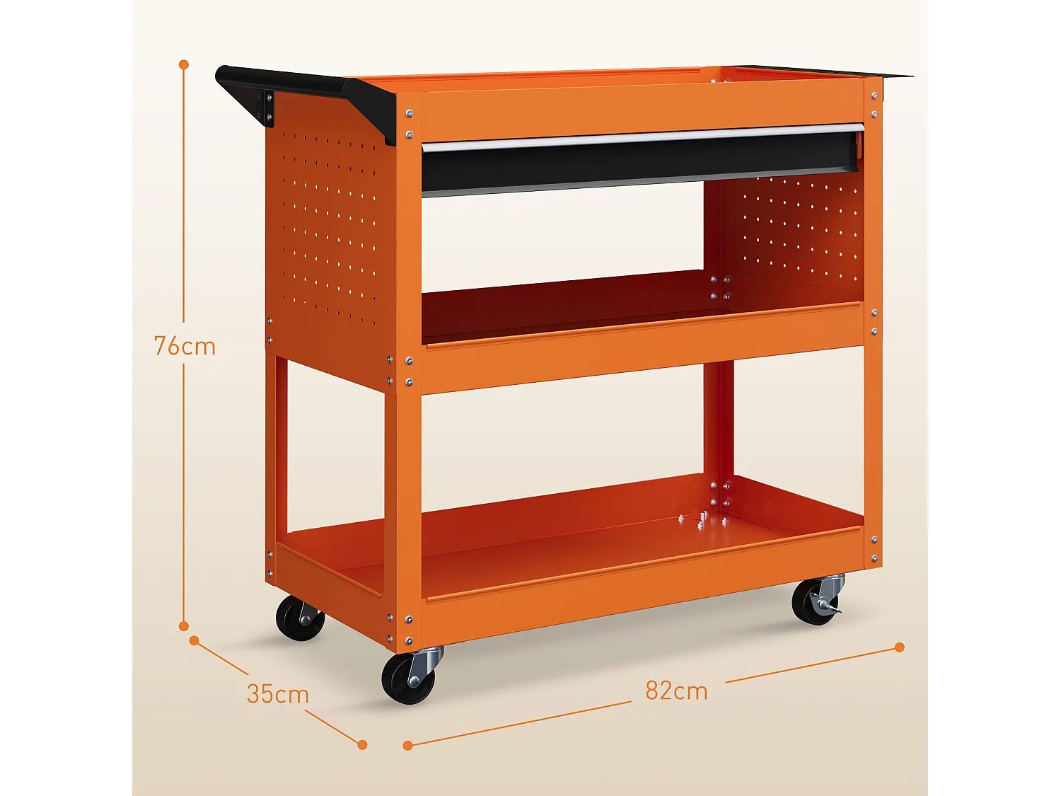 Carrello porta attrezzi con cassetto e 3 ripiani in acciaio arancione