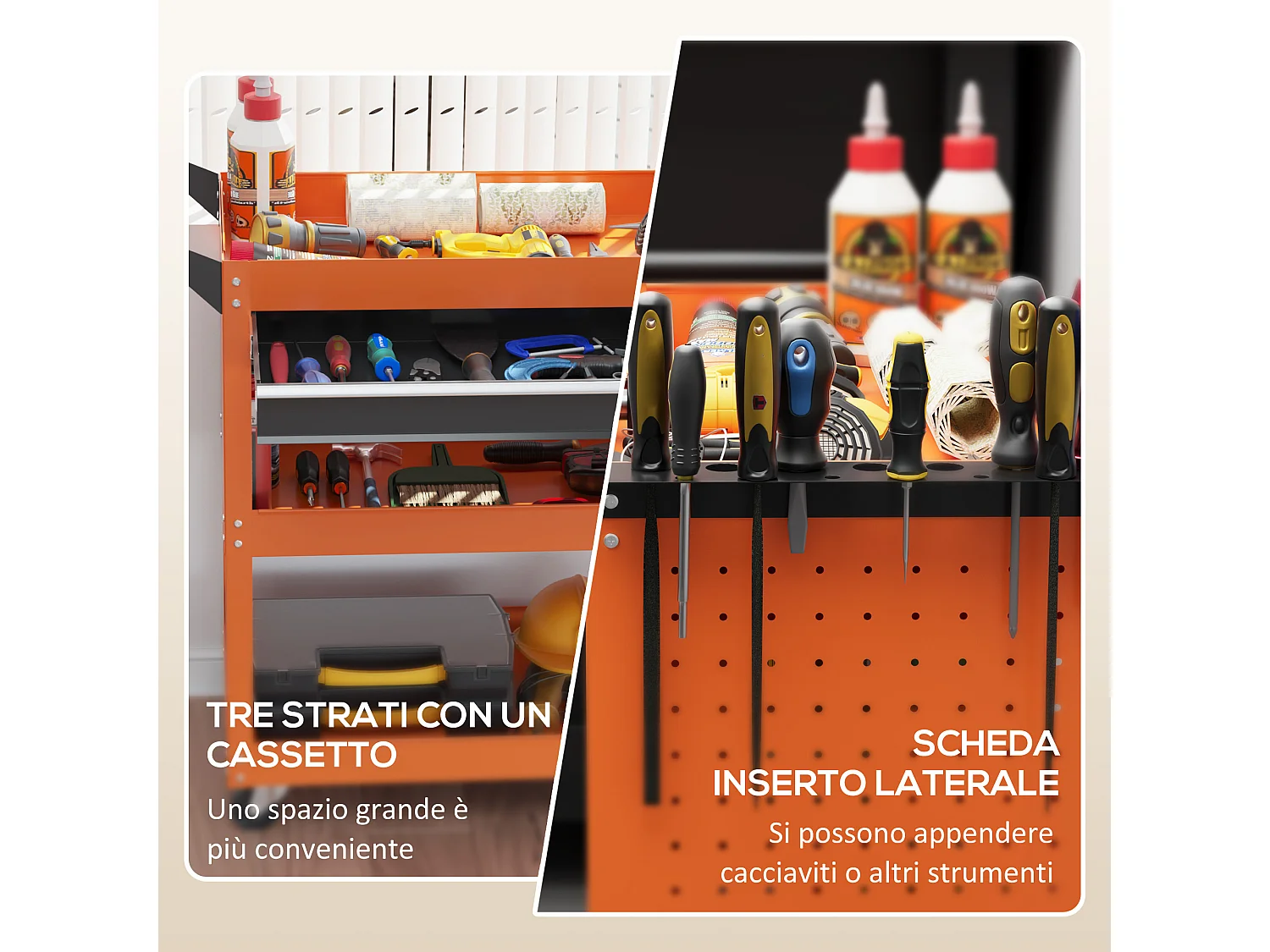 Carrello porta attrezzi con cassetto e 3 ripiani in acciaio arancione