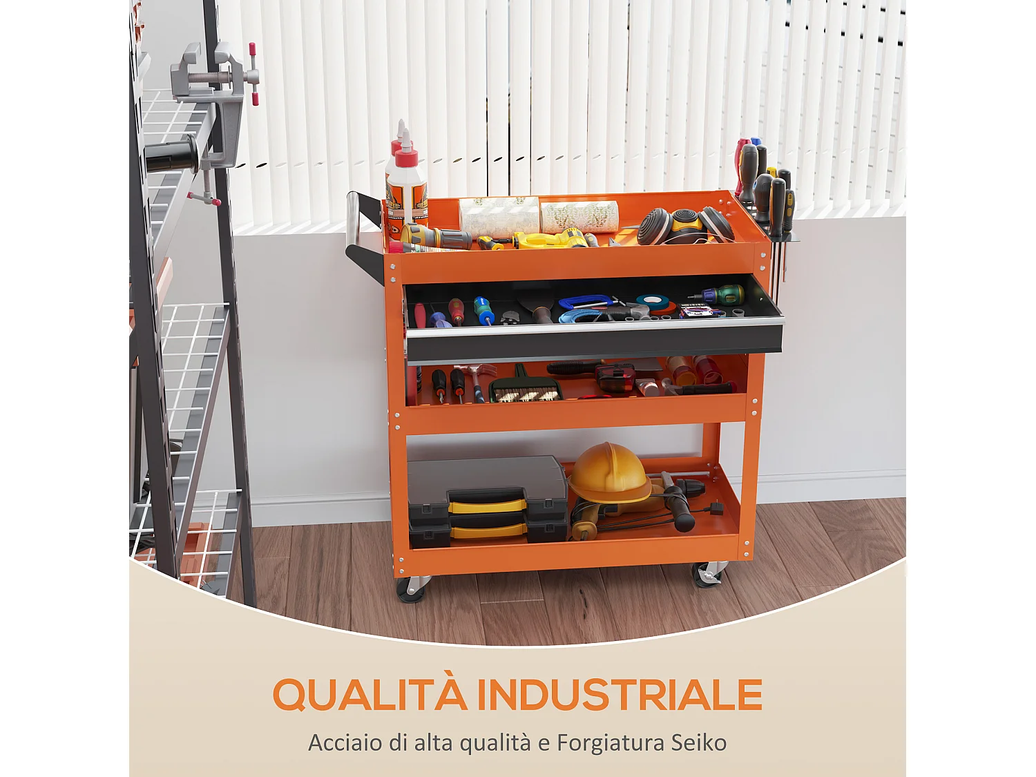 Carrello porta attrezzi con cassetto e 3 ripiani in acciaio arancione