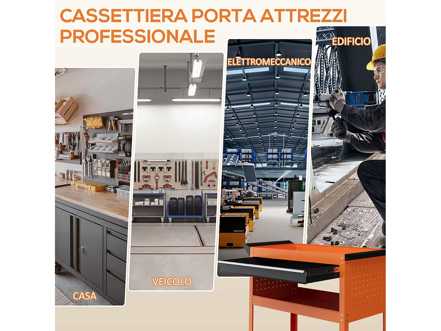 Carrello porta attrezzi con cassetto e 3 ripiani in acciaio arancione